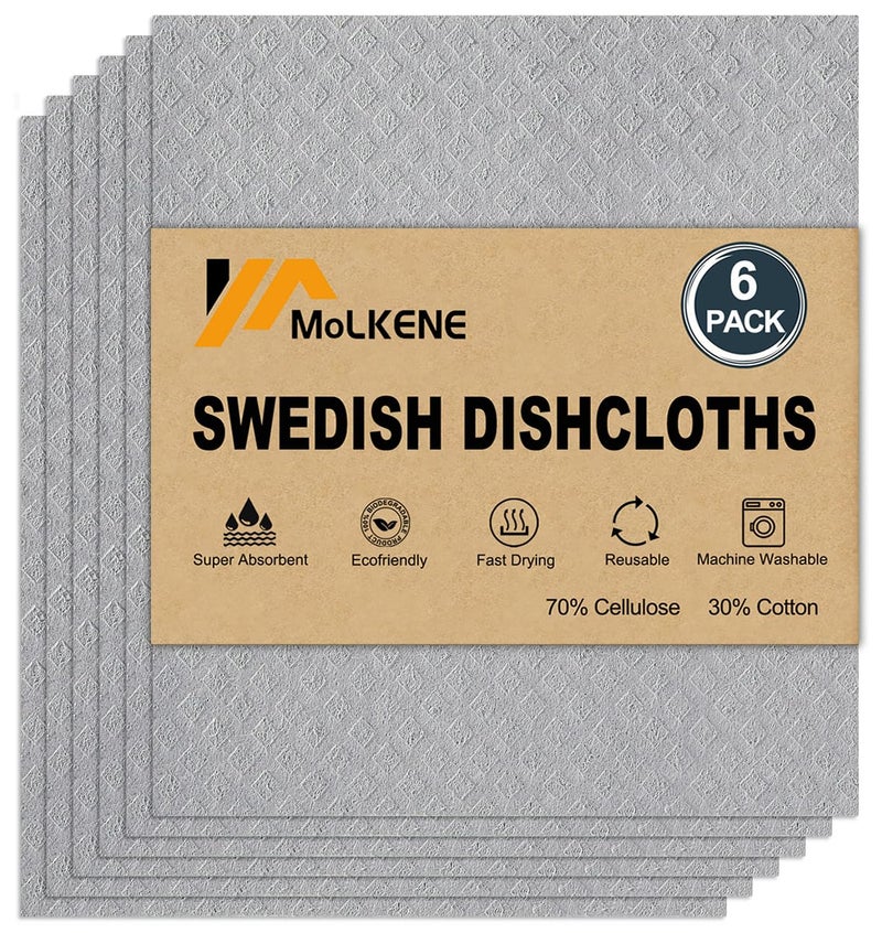 MoLKENE Swedish Dishcloths for Kitchen | 6 Pack Absorbent Cellulose Sponge Cloths Washable | Non-Scratch Reusable Paper Towels Quick Drying Cleaning Cloths - Grey - Image 1